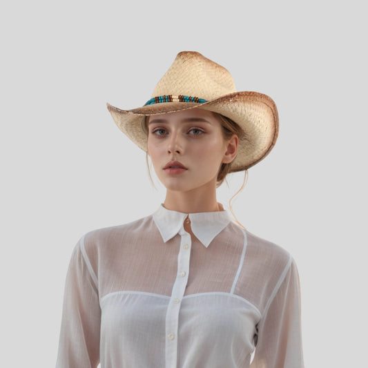 Straw Cowboy Hat for Women & Men Summer Hat with Turquoise - hatsXcaps