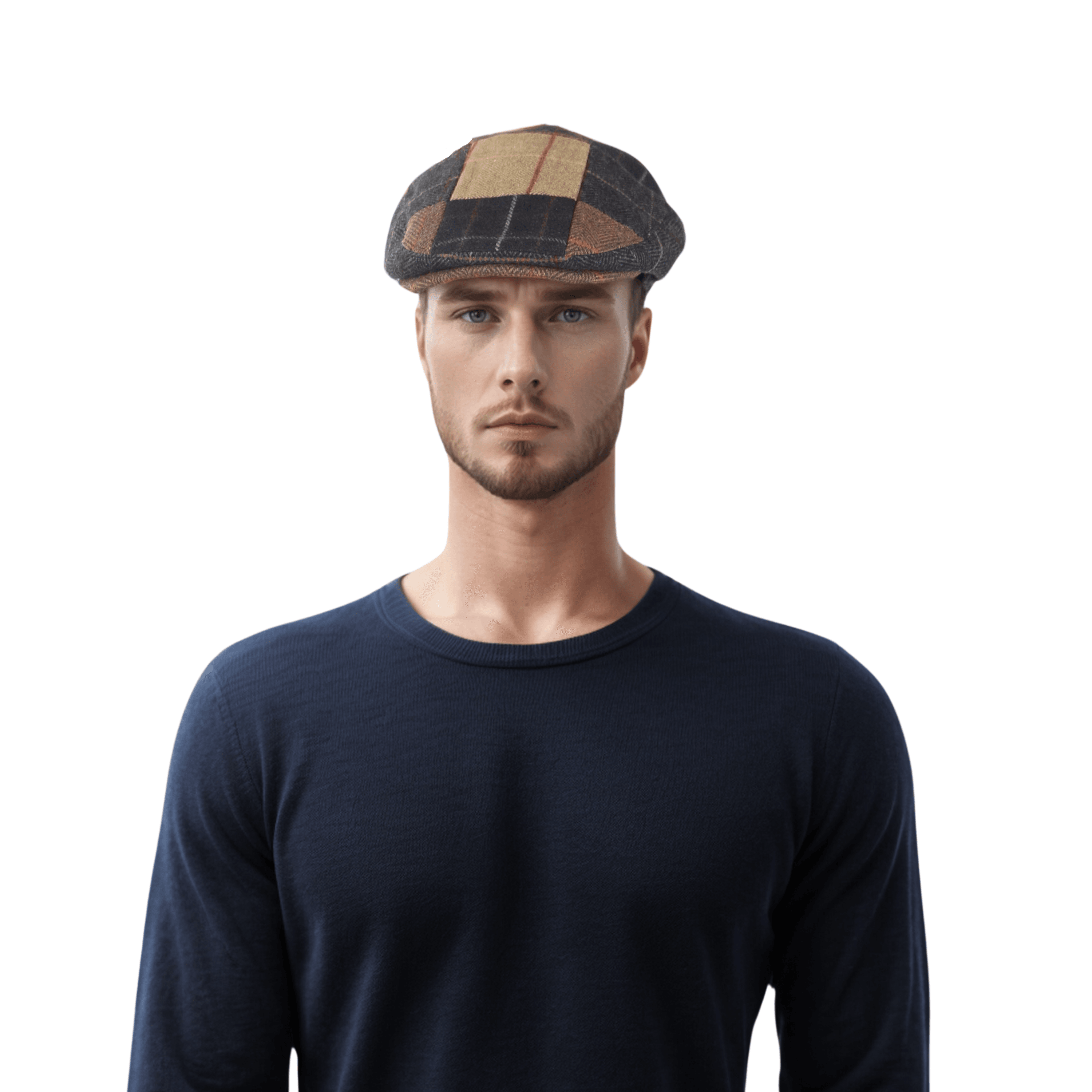 Luxurious Sophisticated Unisex Flat Cap Navy Beige Tartan - hatsXcaps