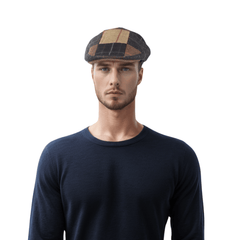 Luxurious Sophisticated Unisex Flat Cap Navy Beige Tartan - hatsXcaps