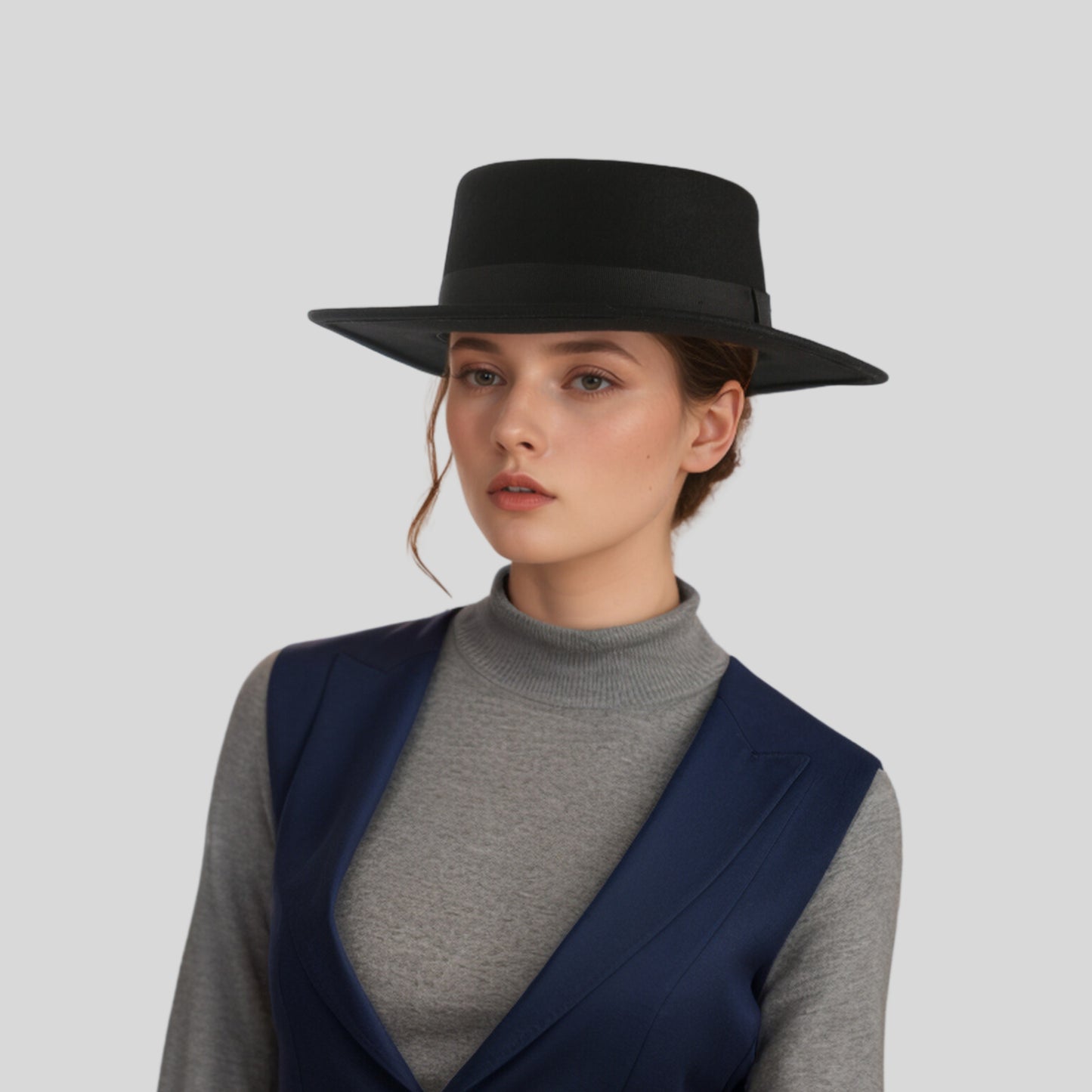 Unisex Wool Felt Wide Stiff Brim Pork Pie Hat with Sweatband - hatsXcaps