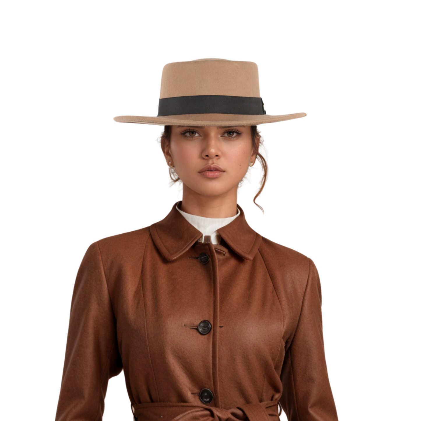 Men Women Beige Wide Brim Top Felt Pork Pie Hat - hatsXcaps