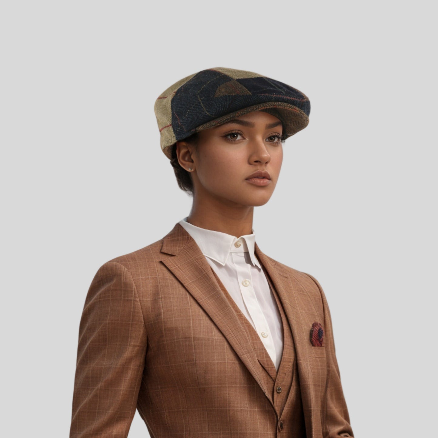 Luxurious Sophisticated Unisex Flat Cap Navy Beige Tartan - hatsXcaps
