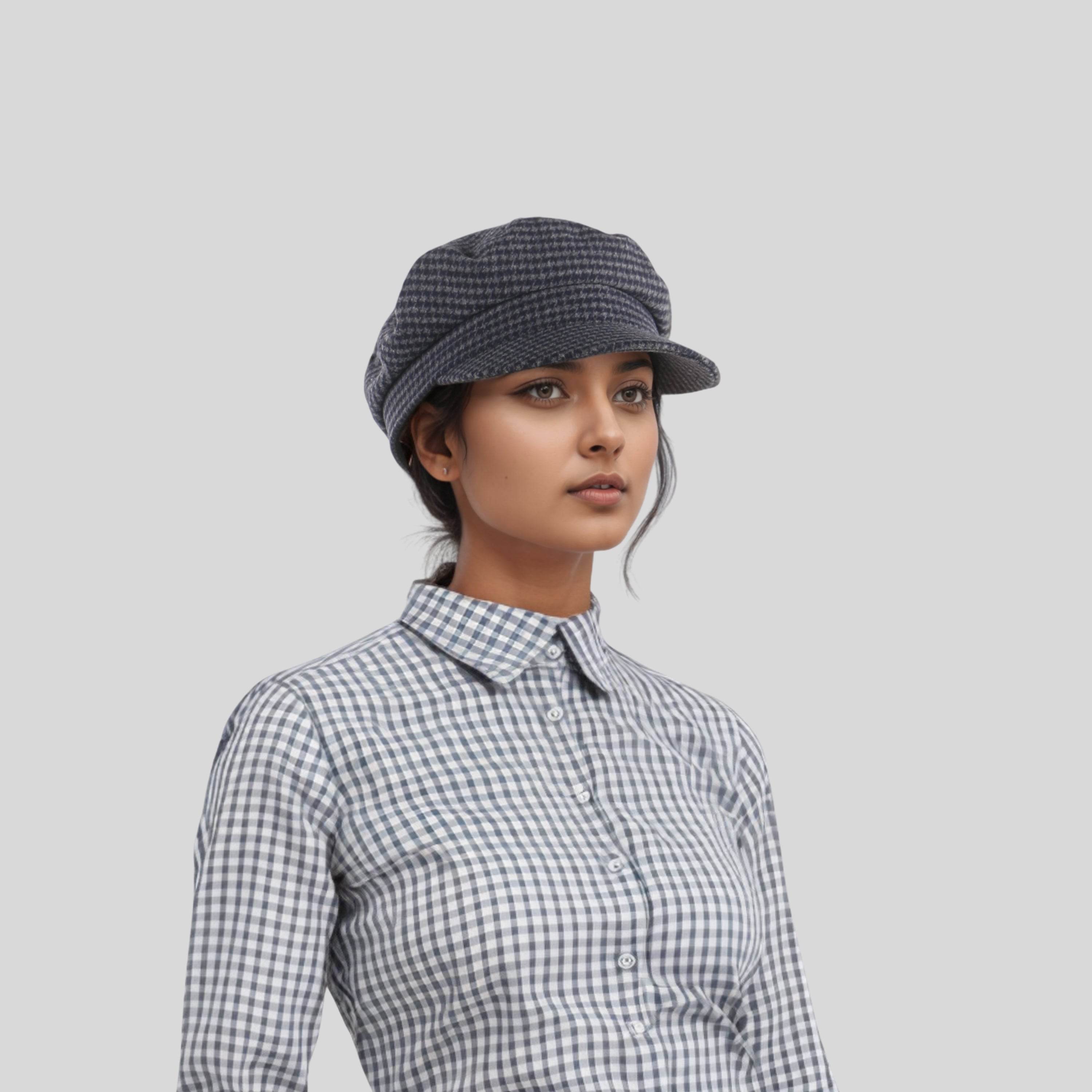 Womens Wool Fiddler Cap with Houndstooth Pattern - hatsXcaps