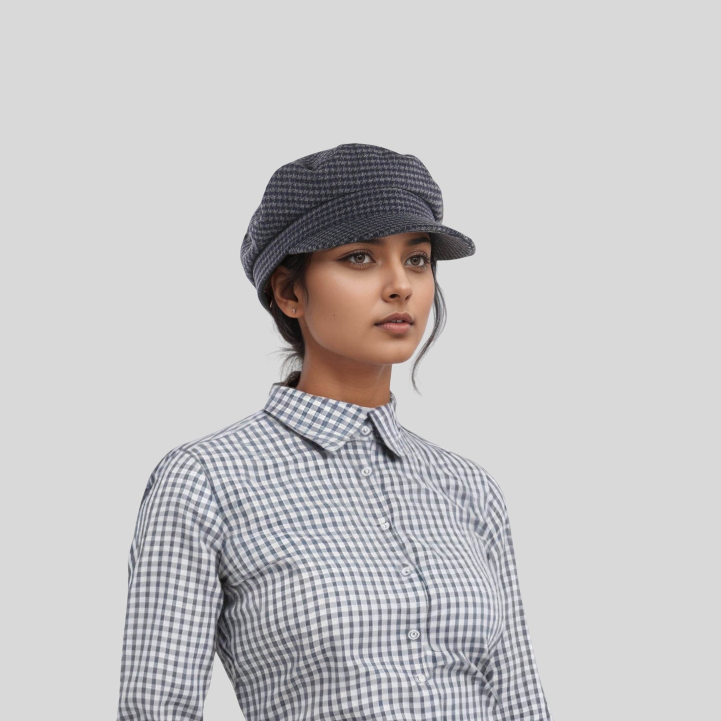 Womens Wool Fiddler Cap with Houndstooth Pattern - hatsXcaps