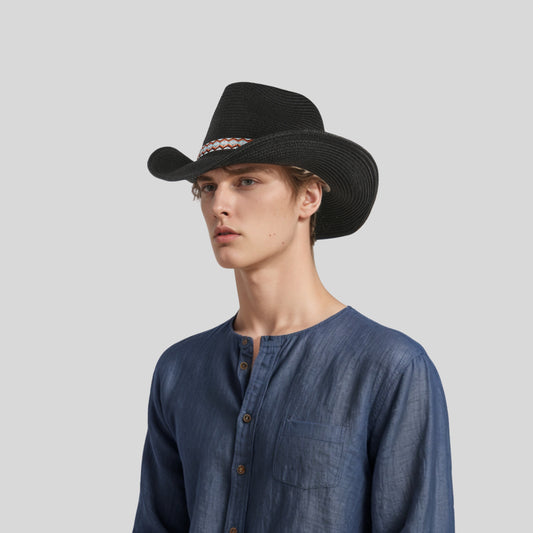 Men's & Women's Straw Cowboy Hat with Bohemian Ribbon - hatsXcaps