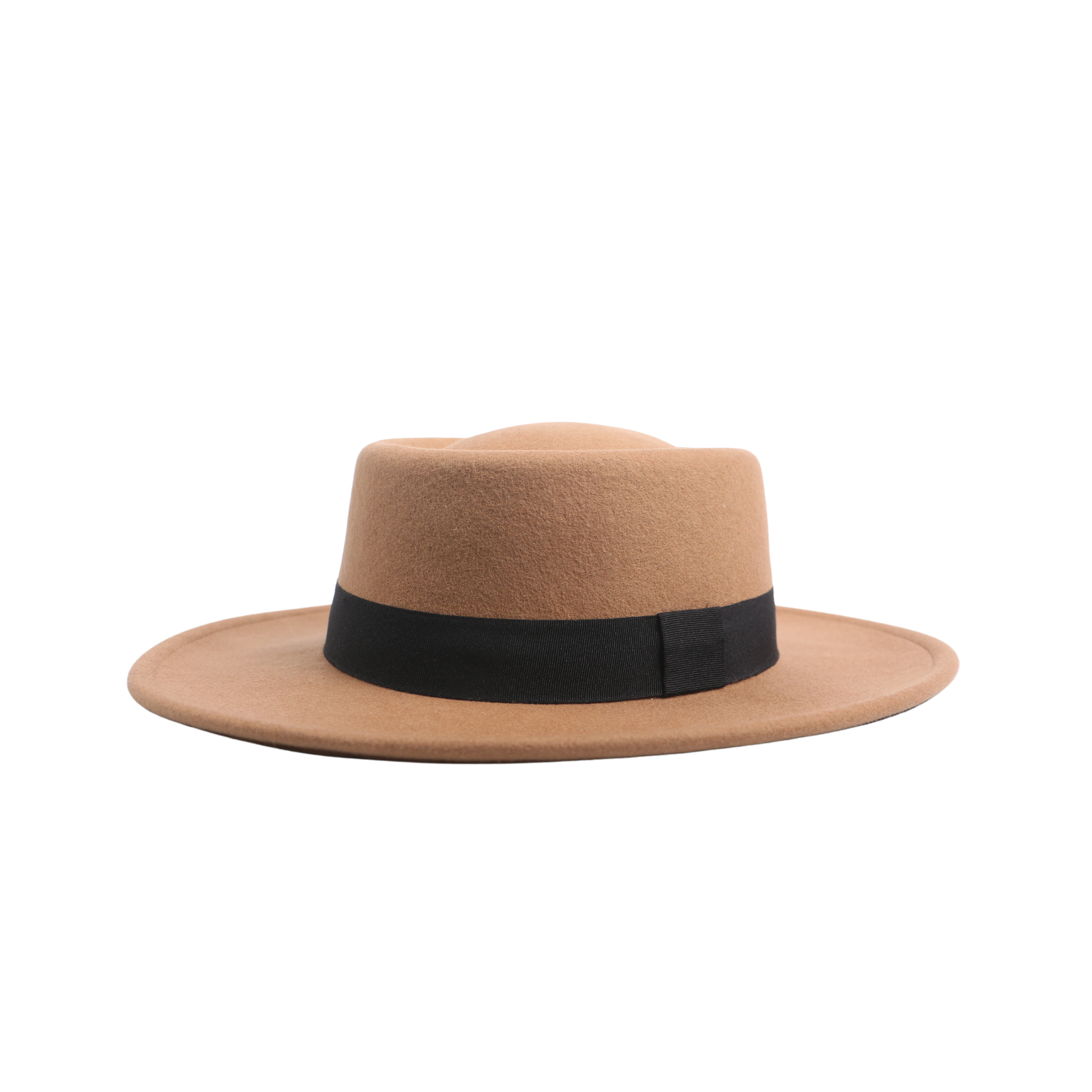 Men Women Beige Wide Brim Top Felt Pork Pie Hat - hatsXcaps