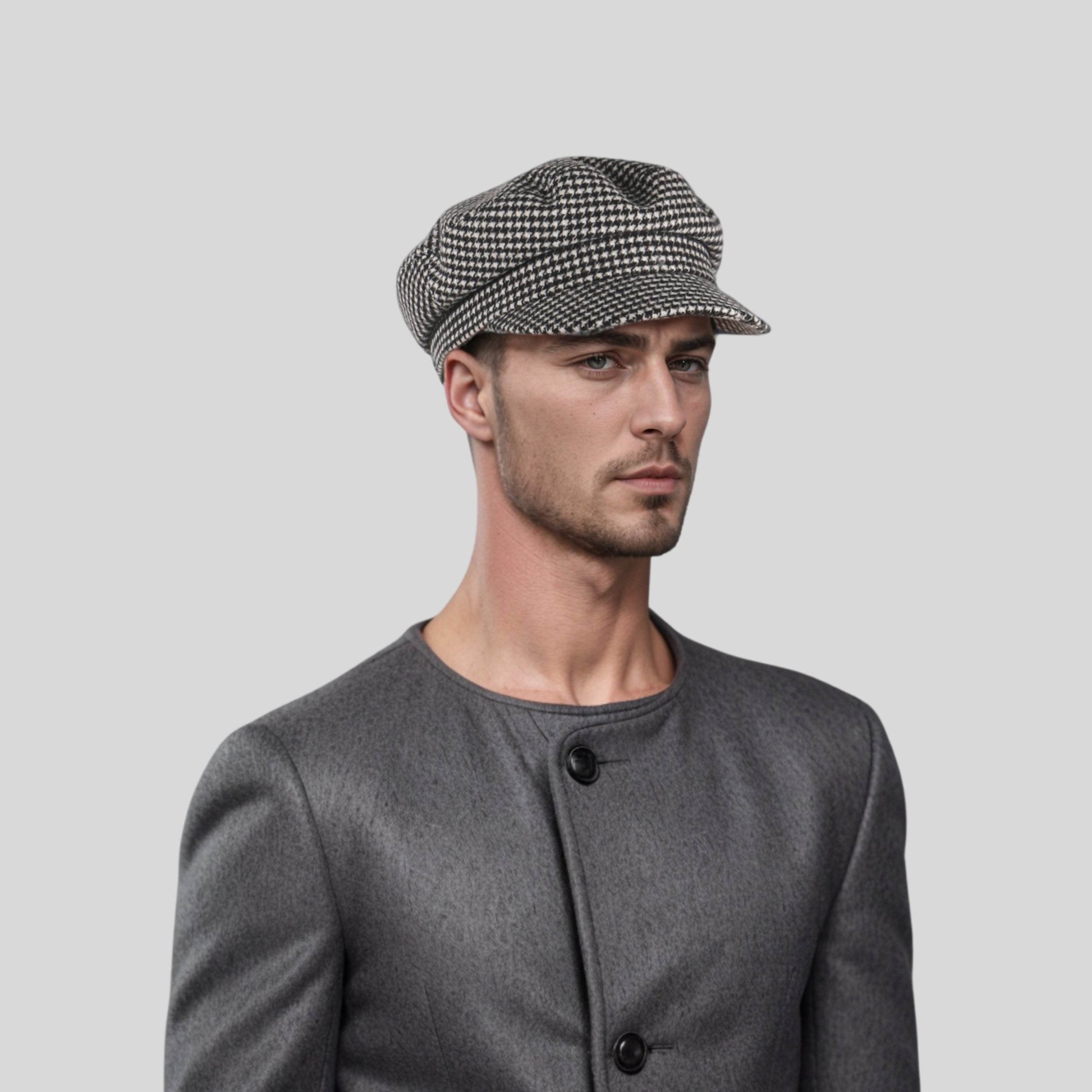 Womens Wool Fiddler Cap with Houndstooth Pattern - hatsXcaps