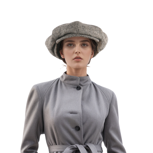 A women wearing Big Apple hat of grey colour. Its available in london now.