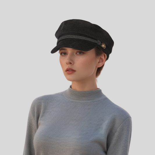 A woman wearing a black cotton fiddler cap with a rope band.