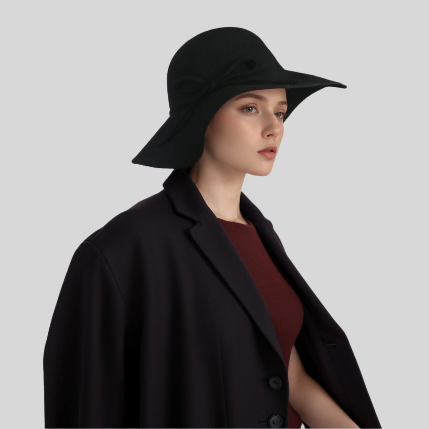 Women's Wide Brim Wool Floppy Sun Hat with Ribbon