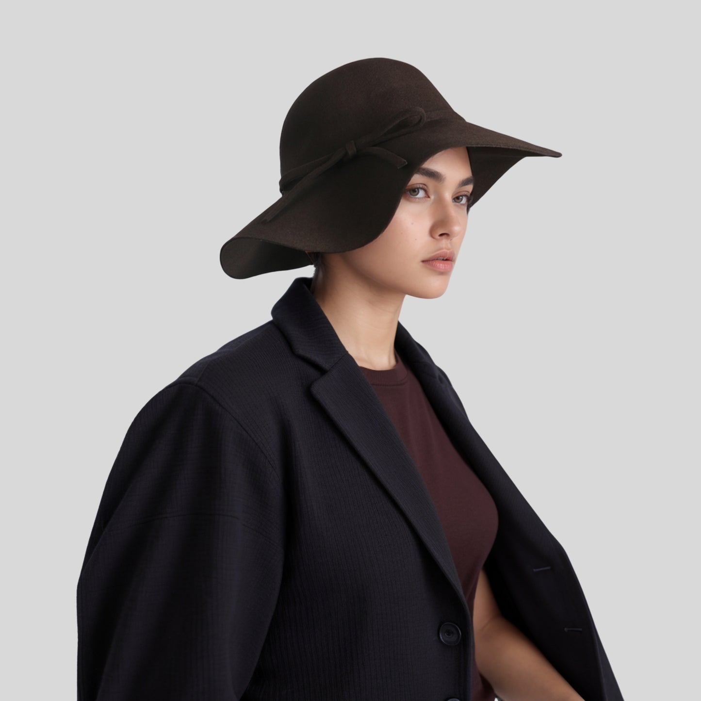 Women's Wide Brim Wool Floppy Sun Hat with Ribbon