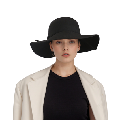 Women's Wide Brim Wool Floppy Sun Hat with Ribbon